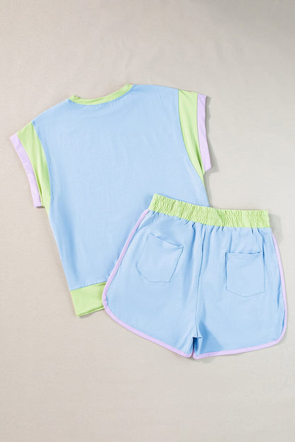 Blue Colorblock Cap Sleeve Tee and Shorts Set