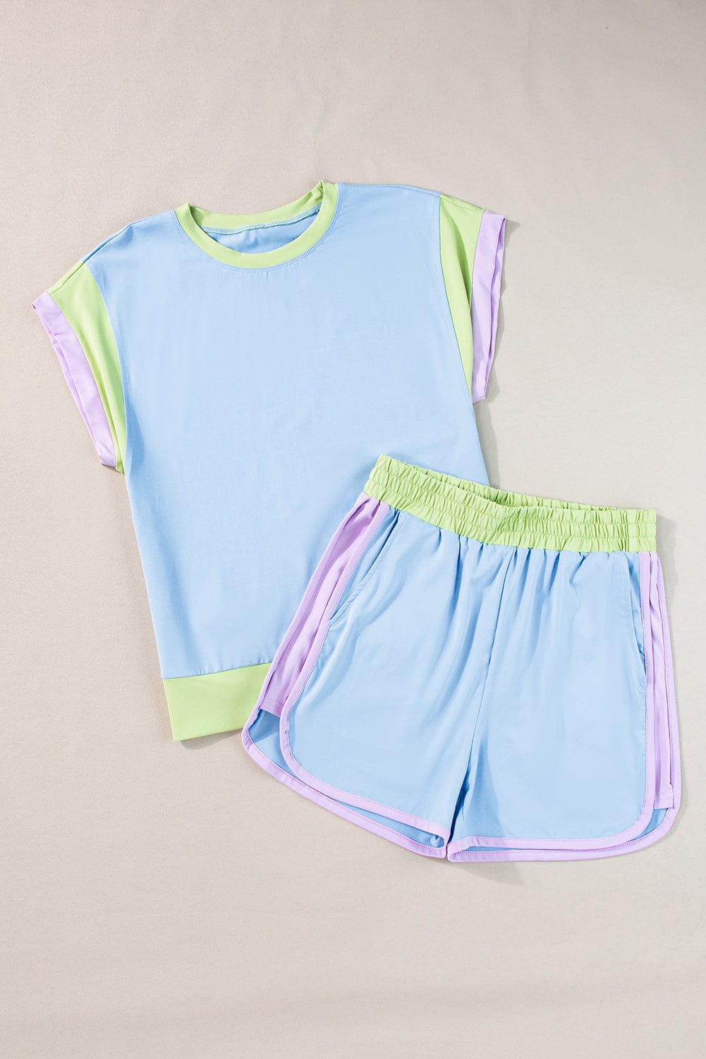 Blue Colorblock Cap Sleeve Tee and Shorts Set