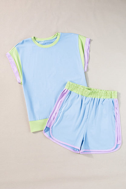 Blue Colorblock Cap Sleeve Tee and Shorts Set