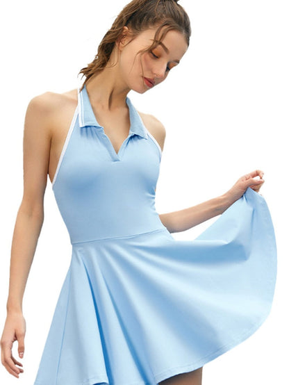 Blue Colorblock Halter Neck Backless Sports Dress with Collared Detail