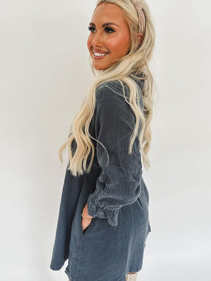 Blue Crinkled Shirt Dress with Ruffled Sleeves and Button Details