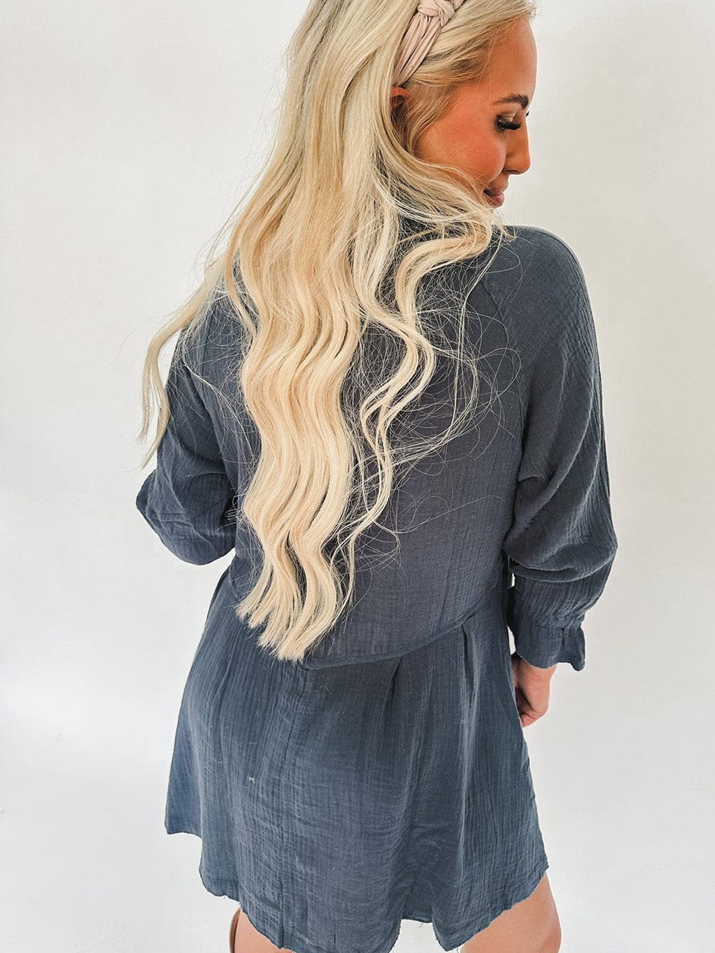 Blue Crinkled Shirt Dress with Ruffled Sleeves and Button Details