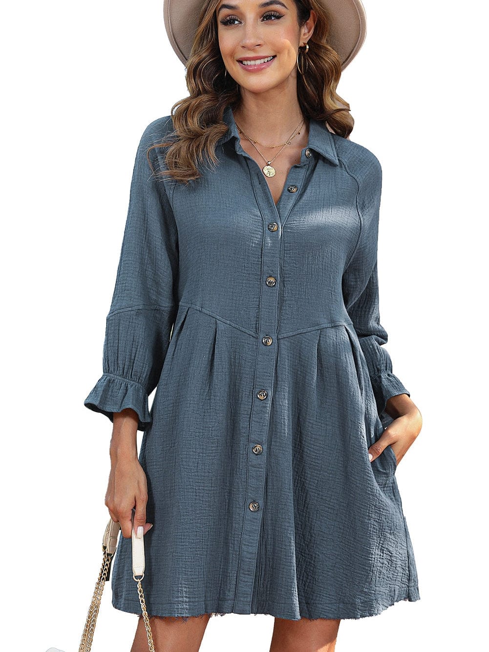 Blue Crinkled Shirt Dress with Ruffled Sleeves and Button Details