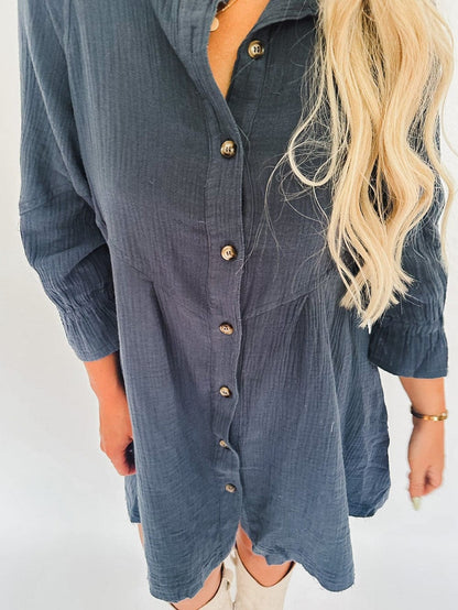 Blue Crinkled Shirt Dress with Ruffled Sleeves and Button Details