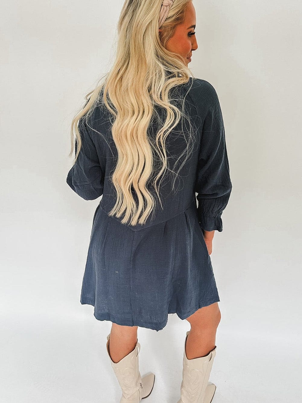 Blue Crinkled Shirt Dress with Ruffled Sleeves and Button Details
