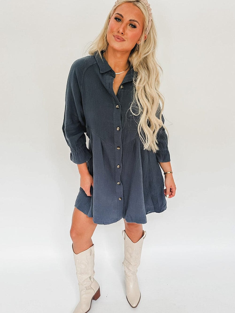 Blue Crinkled Shirt Dress with Ruffled Sleeves and Button Details