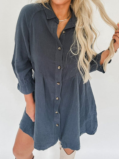 Blue Crinkled Shirt Dress with Ruffled Sleeves and Button Details