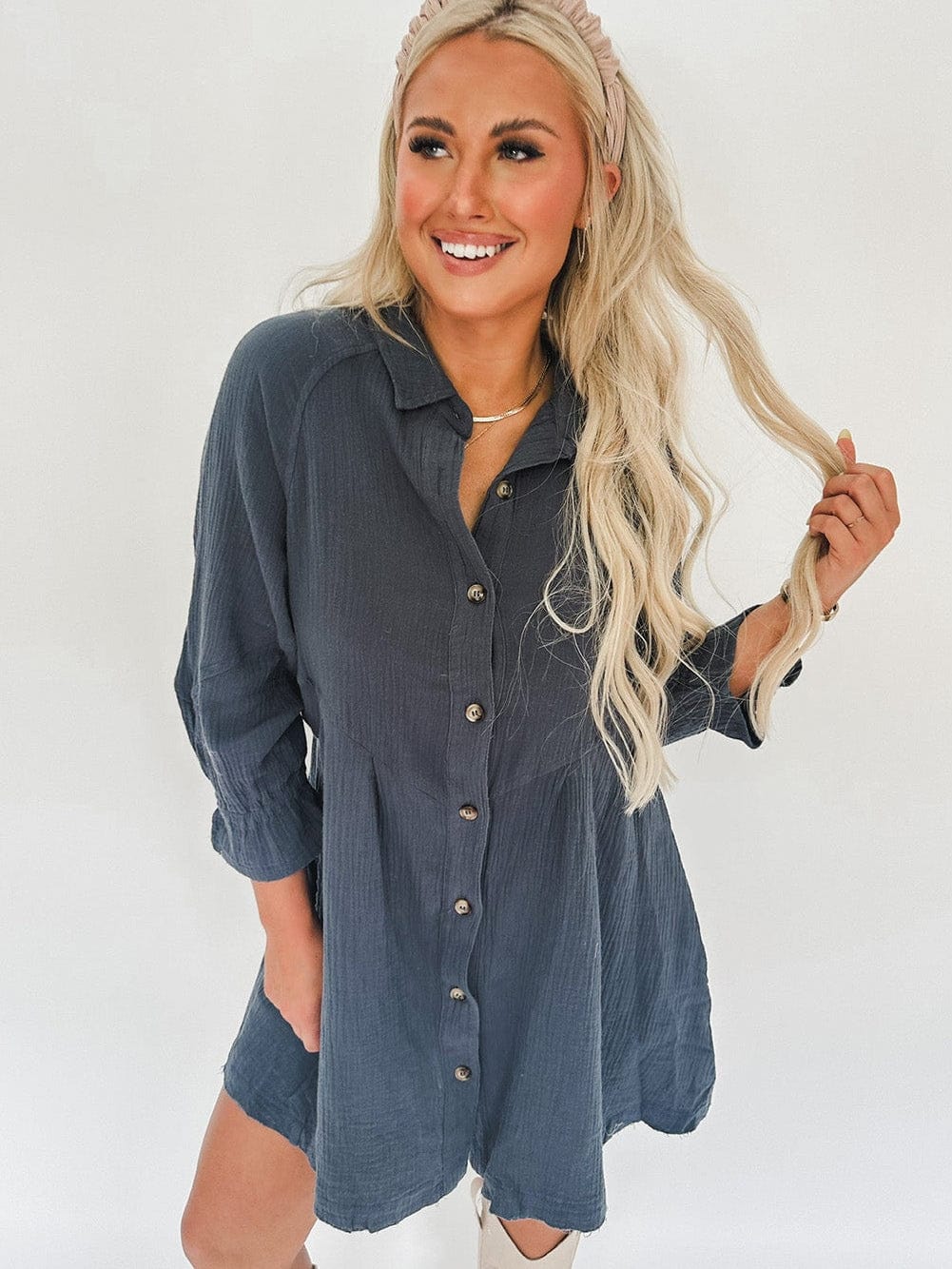 Blue Crinkled Shirt Dress with Ruffled Sleeves and Button Details
