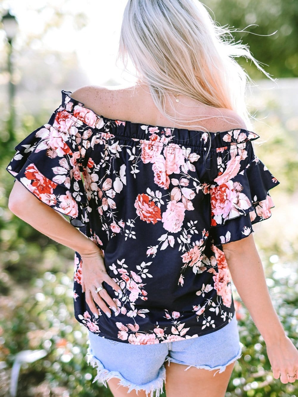 Blue Floral Off-Shoulder Ruffle Sleeve Blouse