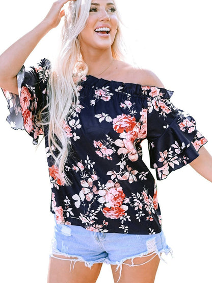 Blue Floral Off-Shoulder Ruffle Sleeve Blouse