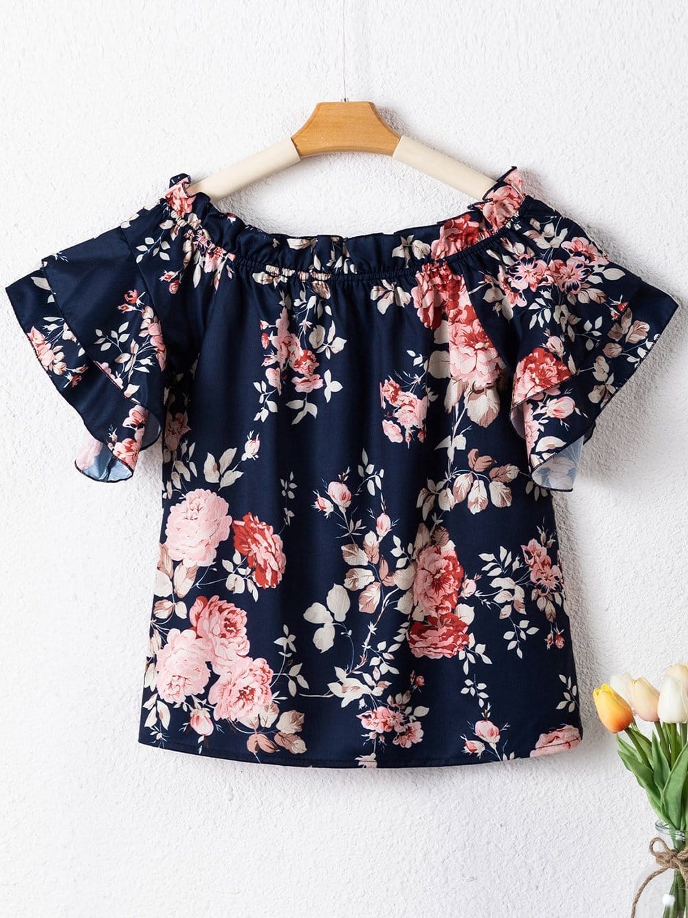 Blue Floral Off-Shoulder Ruffle Sleeve Blouse