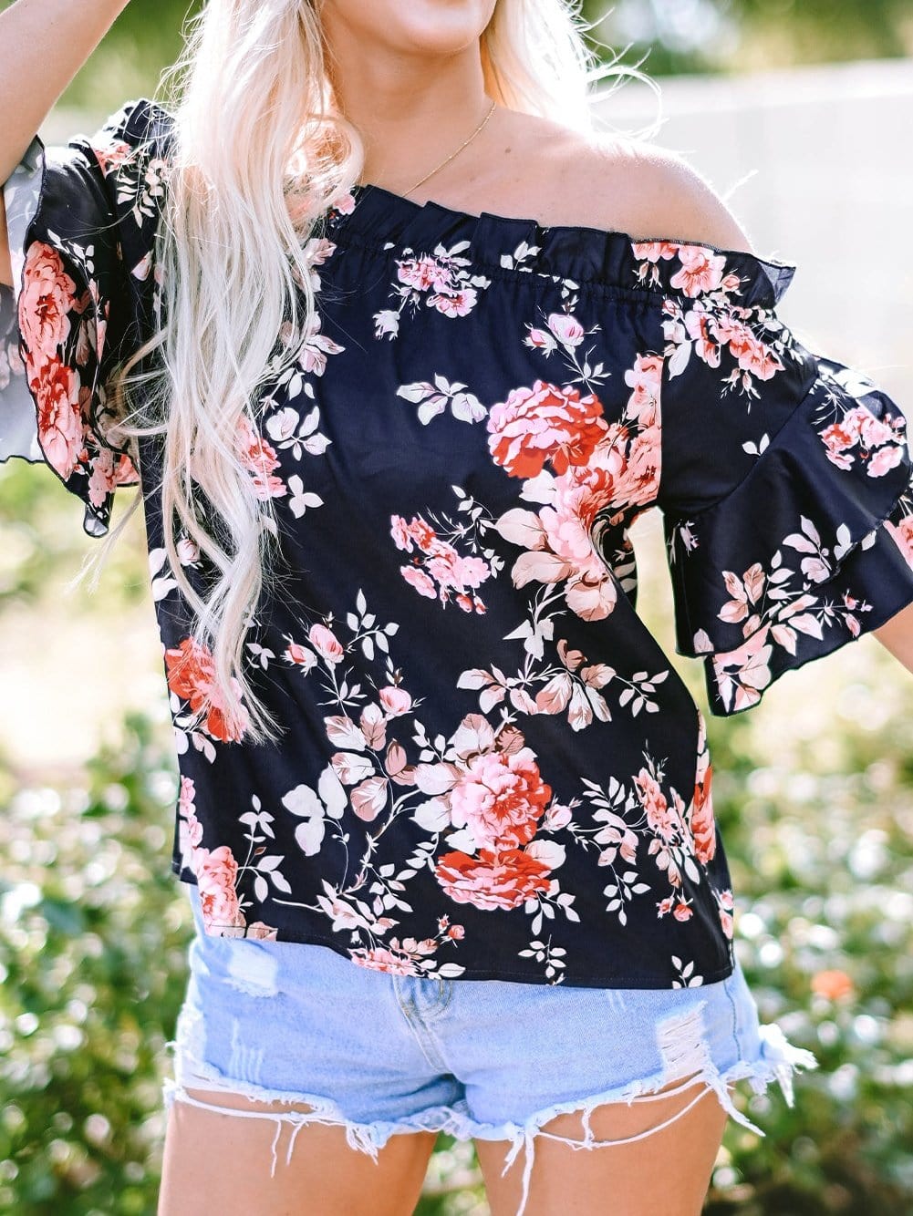 Blue Floral Off-Shoulder Ruffle Sleeve Blouse