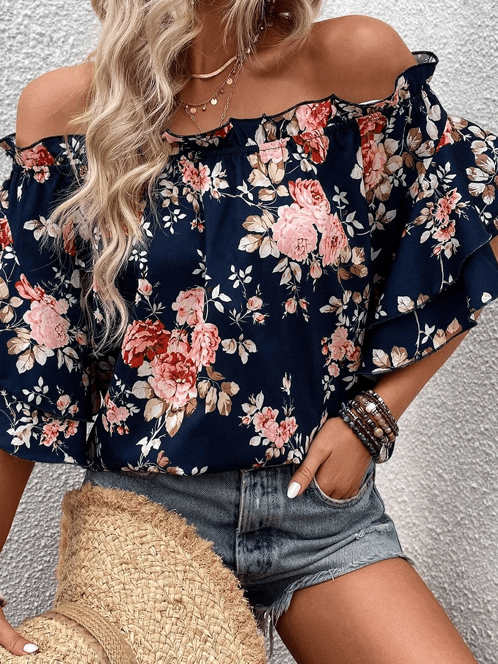 Blue Floral Off-Shoulder Ruffle Sleeve Blouse
