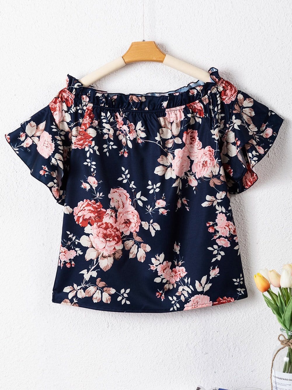Blue Floral Off-Shoulder Ruffle Sleeve Blouse