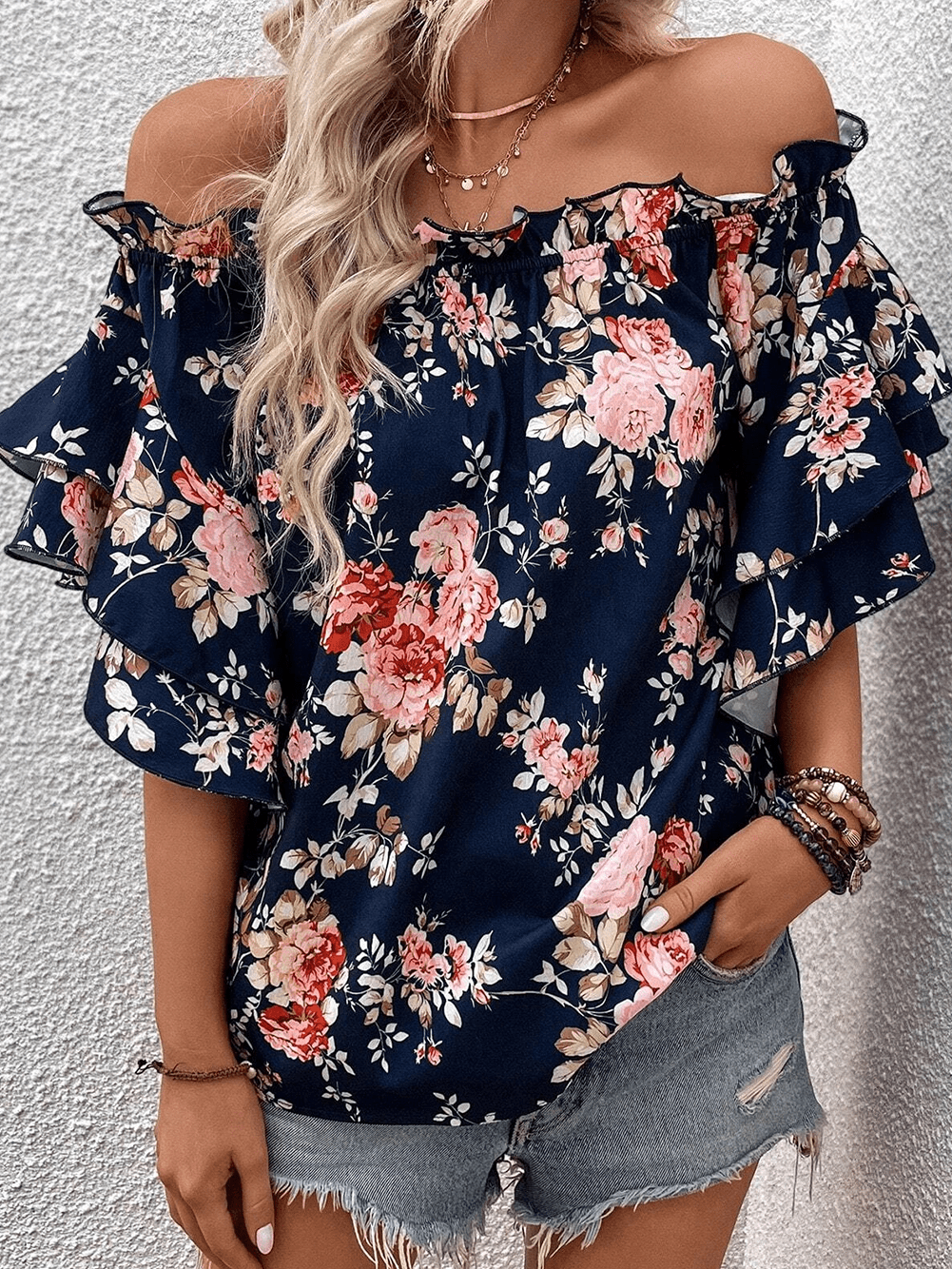 Blue Floral Off-Shoulder Ruffle Sleeve Blouse
