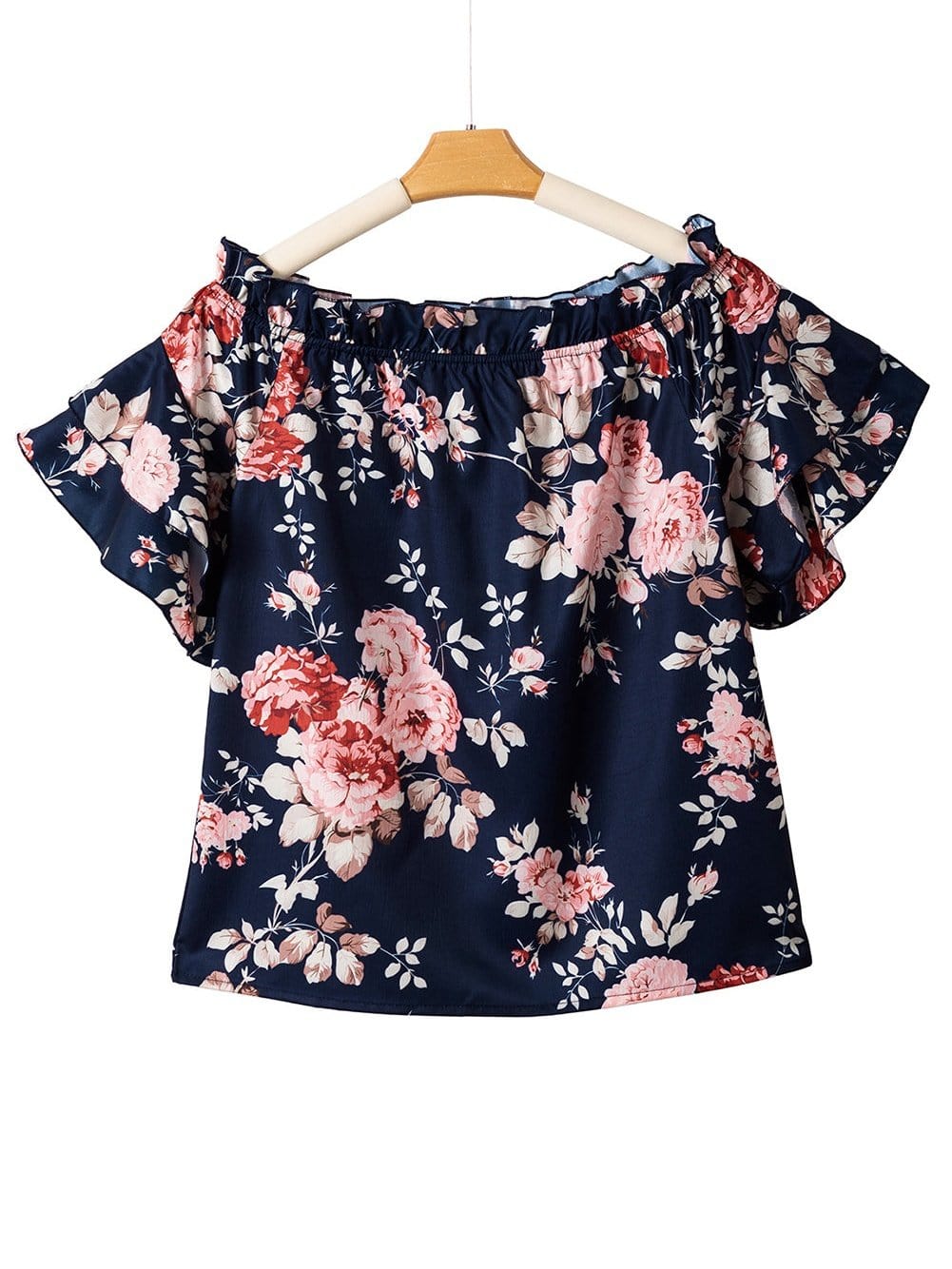 Blue Floral Off-Shoulder Ruffle Sleeve Blouse