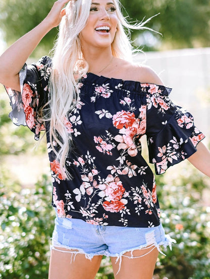 Blue Floral Off-Shoulder Ruffle Sleeve Blouse