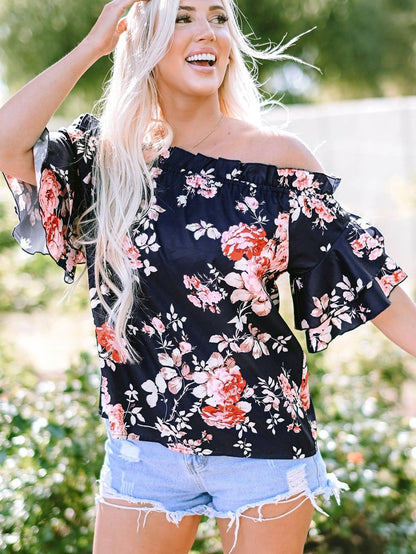 Blue Floral Off-Shoulder Ruffle Sleeve Blouse