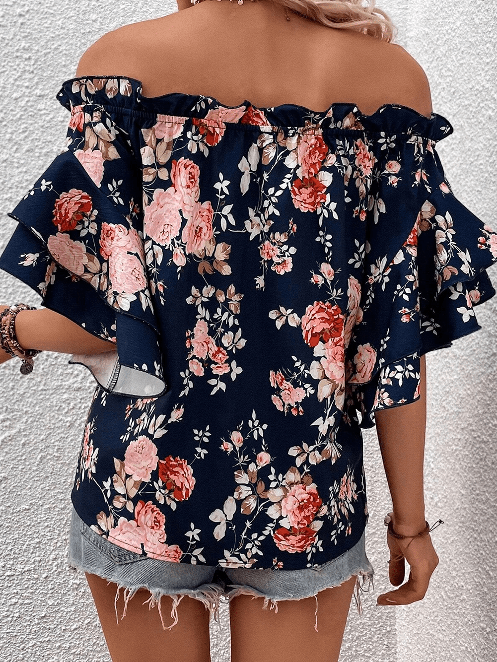 Blue Floral Off-Shoulder Ruffle Sleeve Blouse