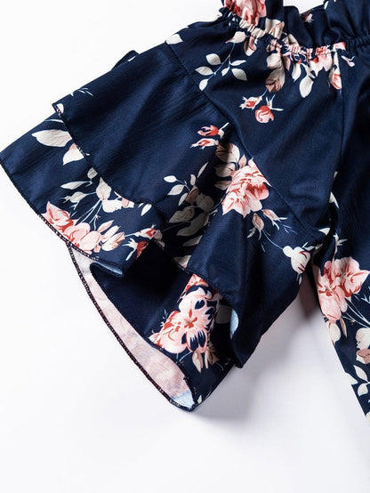 Blue Floral Off-Shoulder Ruffle Sleeve Blouse
