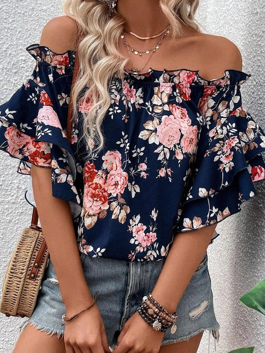 Blue Floral Off-Shoulder Ruffle Sleeve Blouse
