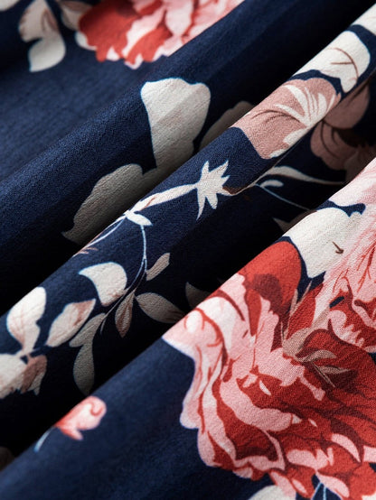 Blue Floral Off-Shoulder Ruffle Sleeve Blouse