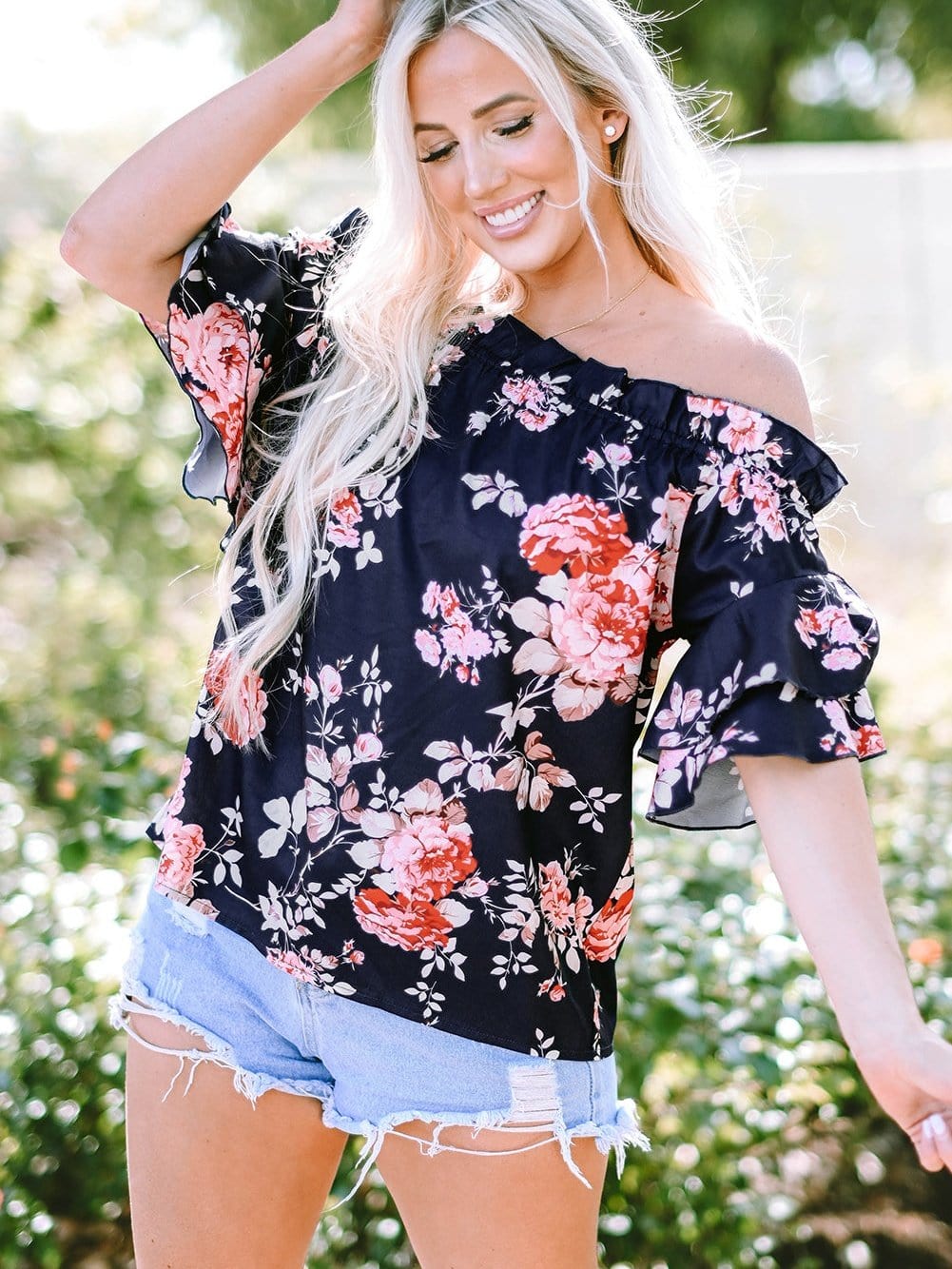 Blue Floral Off-Shoulder Ruffle Sleeve Blouse