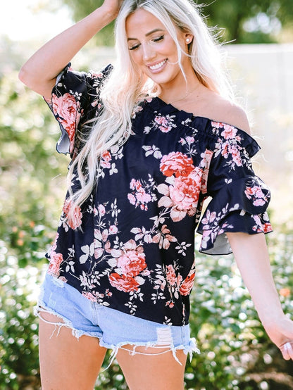 Blue Floral Off-Shoulder Ruffle Sleeve Blouse