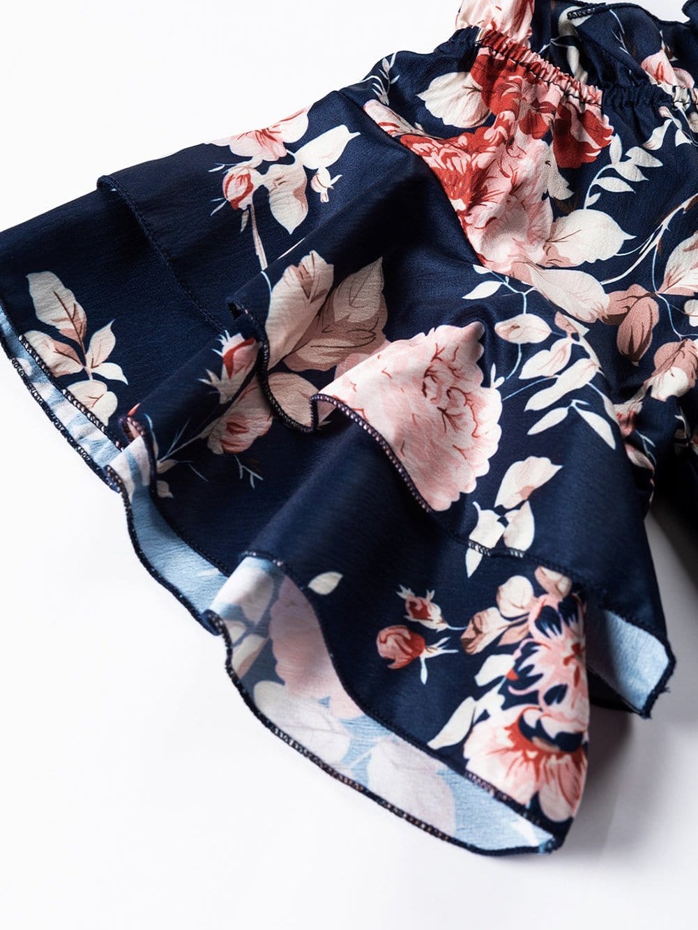 Blue Floral Off-Shoulder Ruffle Sleeve Blouse