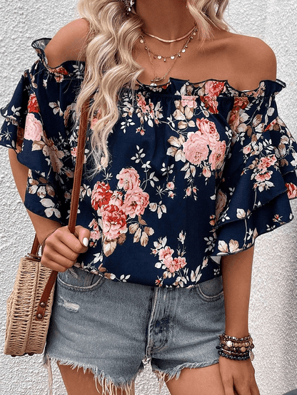 Blue Floral Off-Shoulder Ruffle Sleeve Blouse