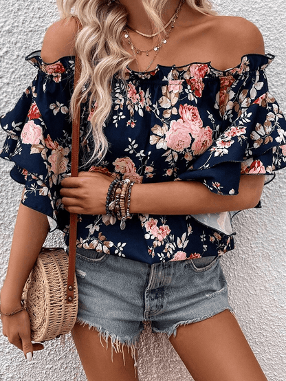 Blue Floral Off-Shoulder Ruffle Sleeve Blouse