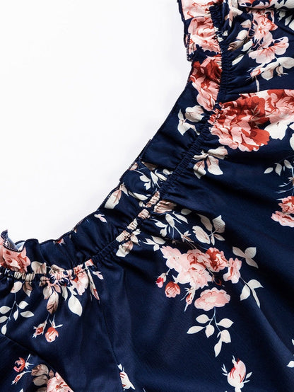 Blue Floral Off-Shoulder Ruffle Sleeve Blouse