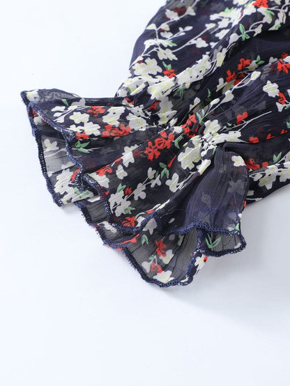 Blue Floral Print Open Back Boho Dress with Ruffle Detail