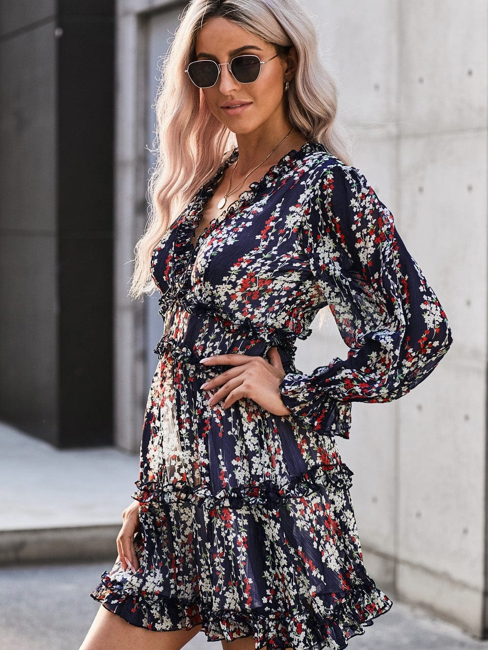 Blue Floral Print Open Back Boho Dress with Ruffle Detail