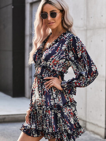 Blue Floral Print Open Back Boho Dress with Ruffle Detail