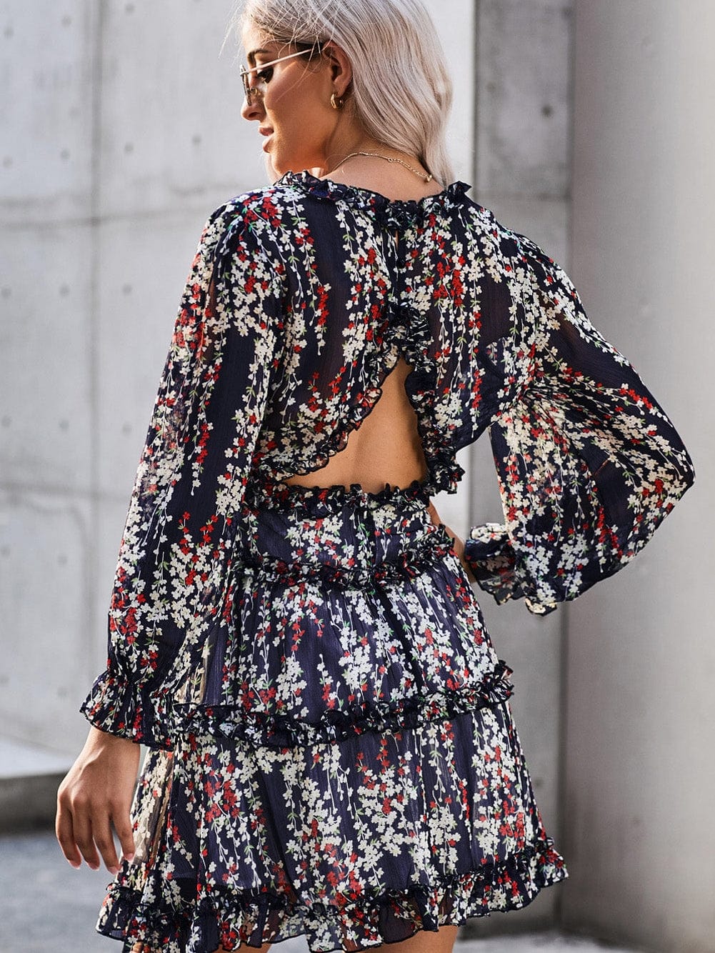 Blue Floral Print Open Back Boho Dress with Ruffle Detail