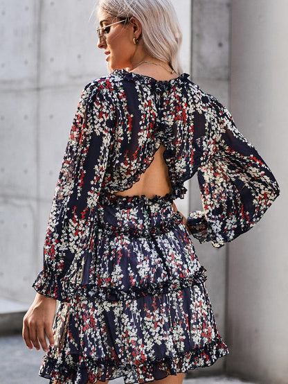 Blue Floral Print Open Back Boho Dress with Ruffle Detail