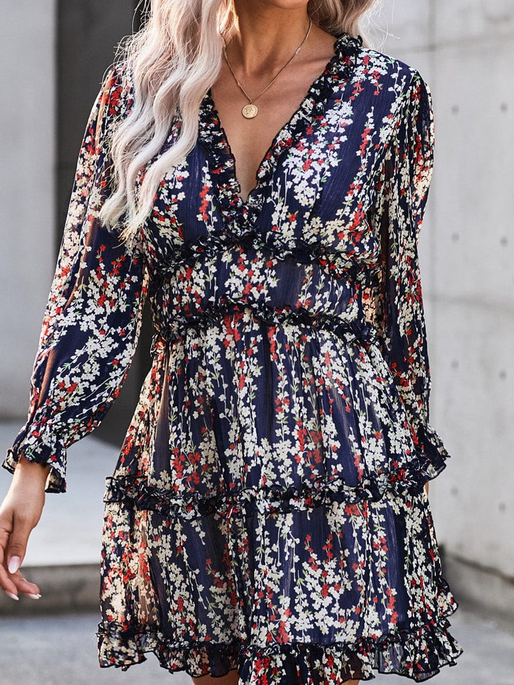 Blue Floral Print Open Back Boho Dress with Ruffle Detail