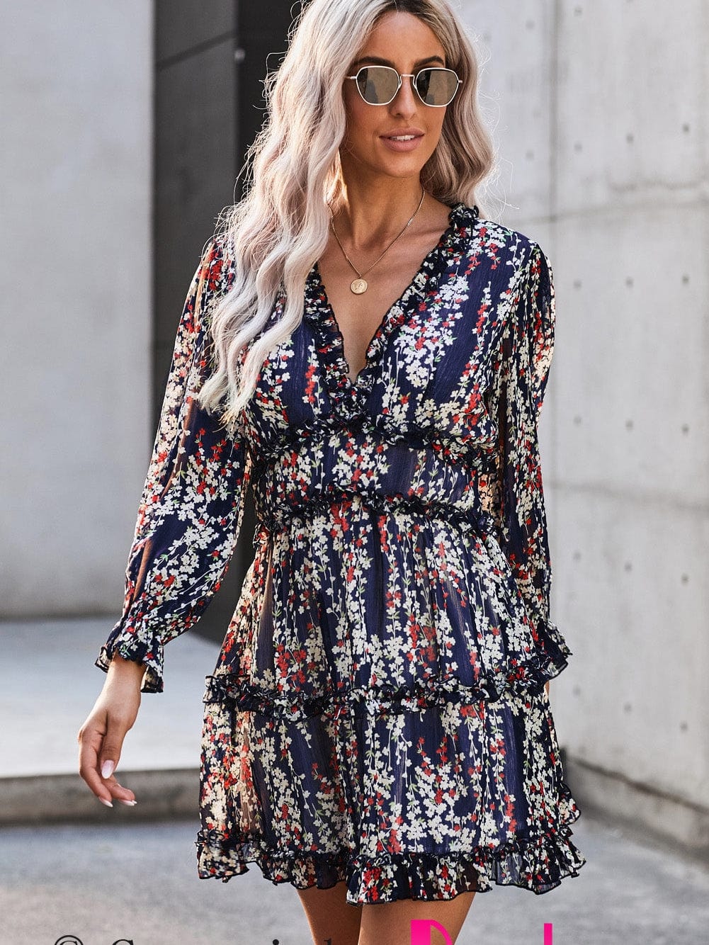 Blue Floral Print Open Back Boho Dress with Ruffle Detail