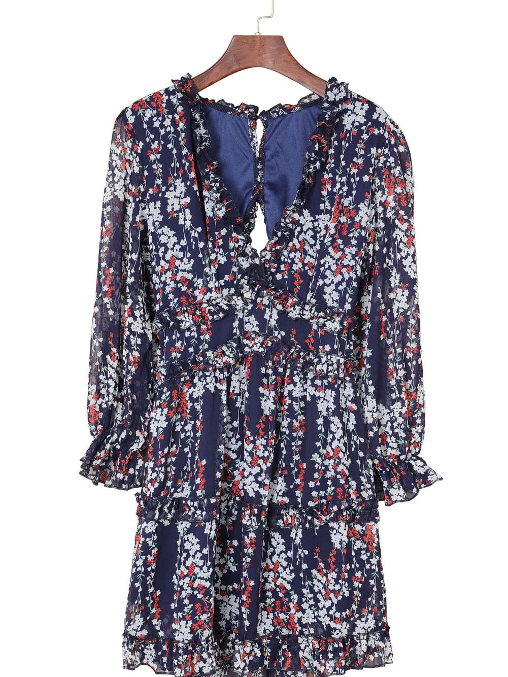 Blue Floral Print Open Back Boho Dress with Ruffle Detail
