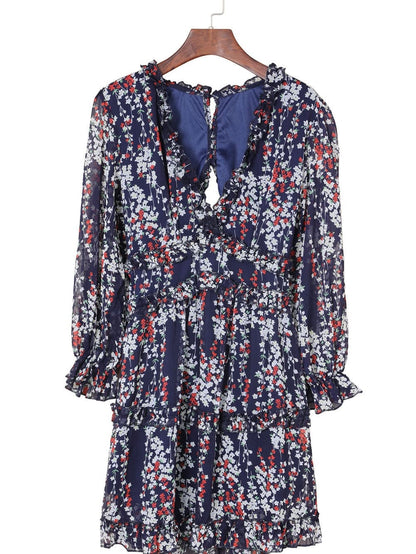 Blue Floral Print Open Back Boho Dress with Ruffle Detail