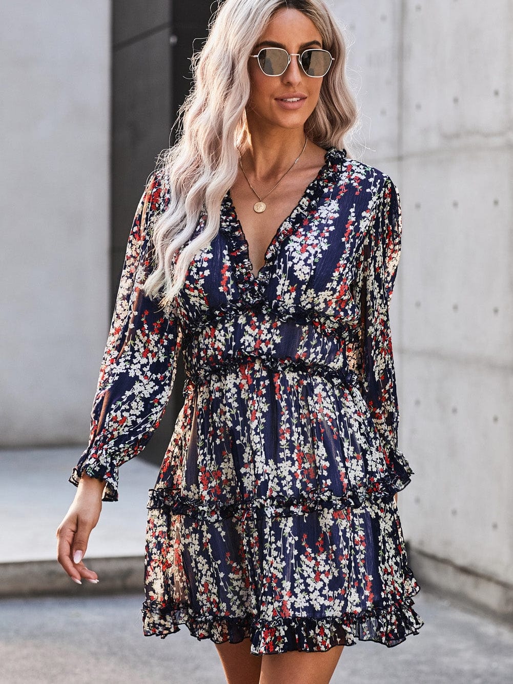 Blue Floral Print Open Back Boho Dress with Ruffle Detail