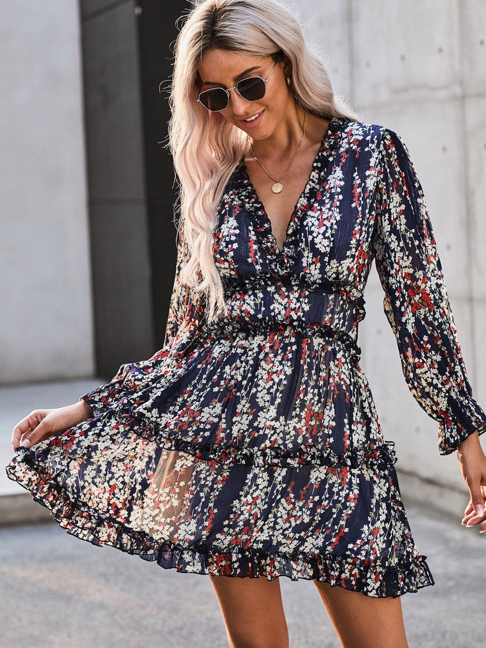 Blue Floral Print Open Back Boho Dress with Ruffle Detail