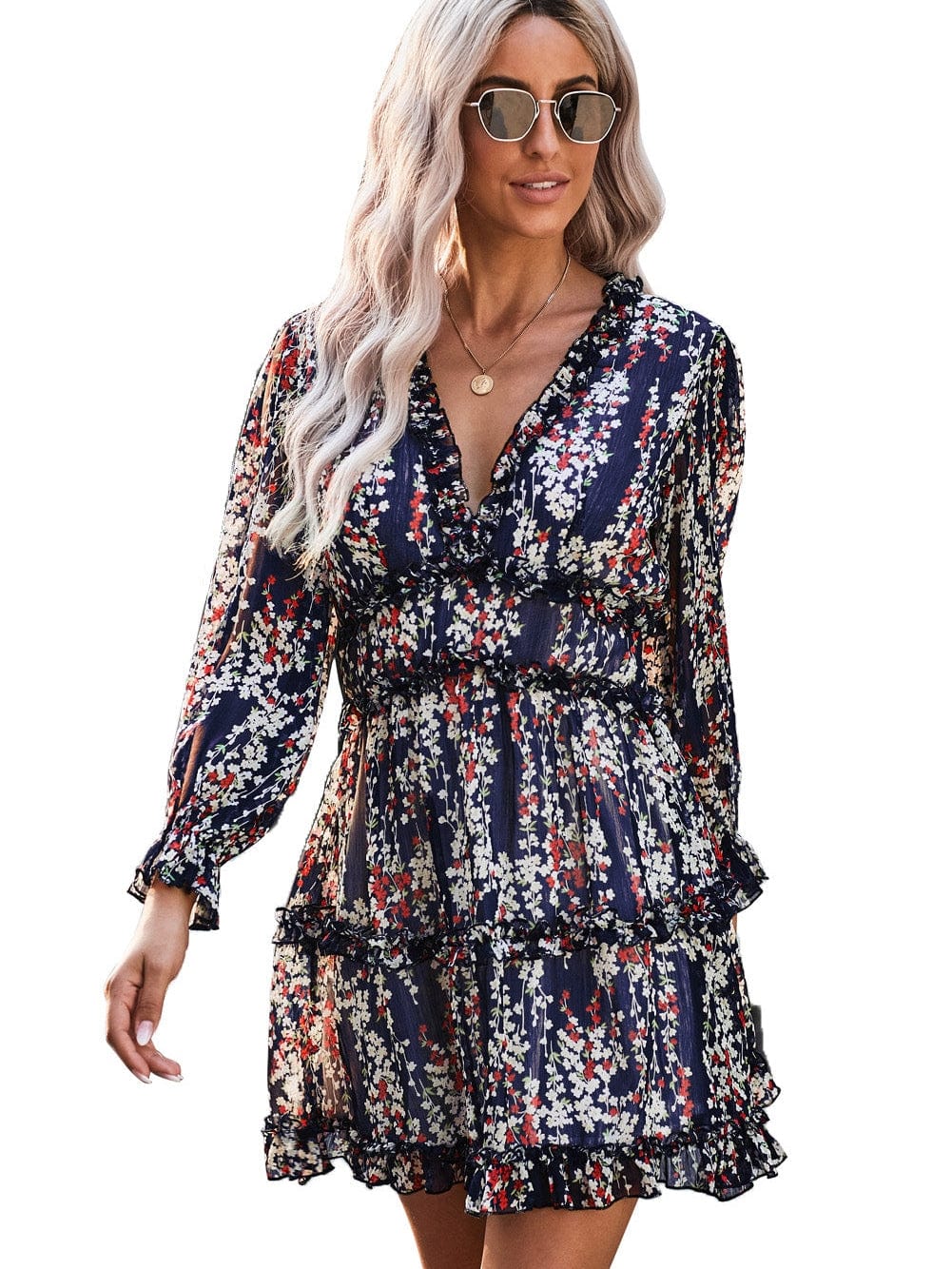Blue Floral Print Open Back Boho Dress with Ruffle Detail