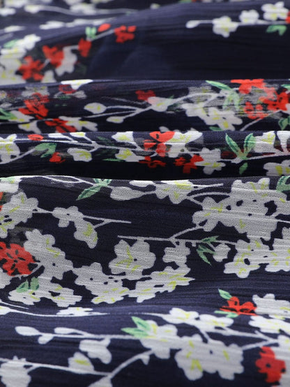 Blue Floral Print Open Back Boho Dress with Ruffle Detail