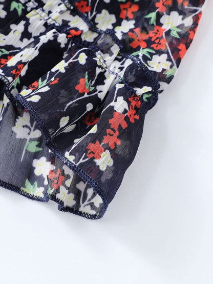 Blue Floral Print Open Back Boho Dress with Ruffle Detail