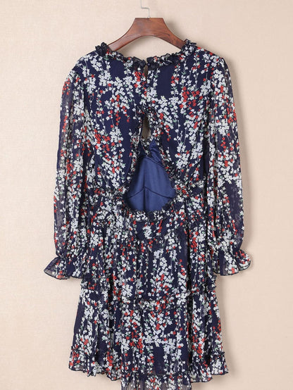 Blue Floral Print Open Back Boho Dress with Ruffle Detail