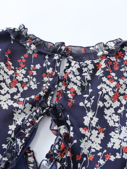 Blue Floral Print Open Back Boho Dress with Ruffle Detail
