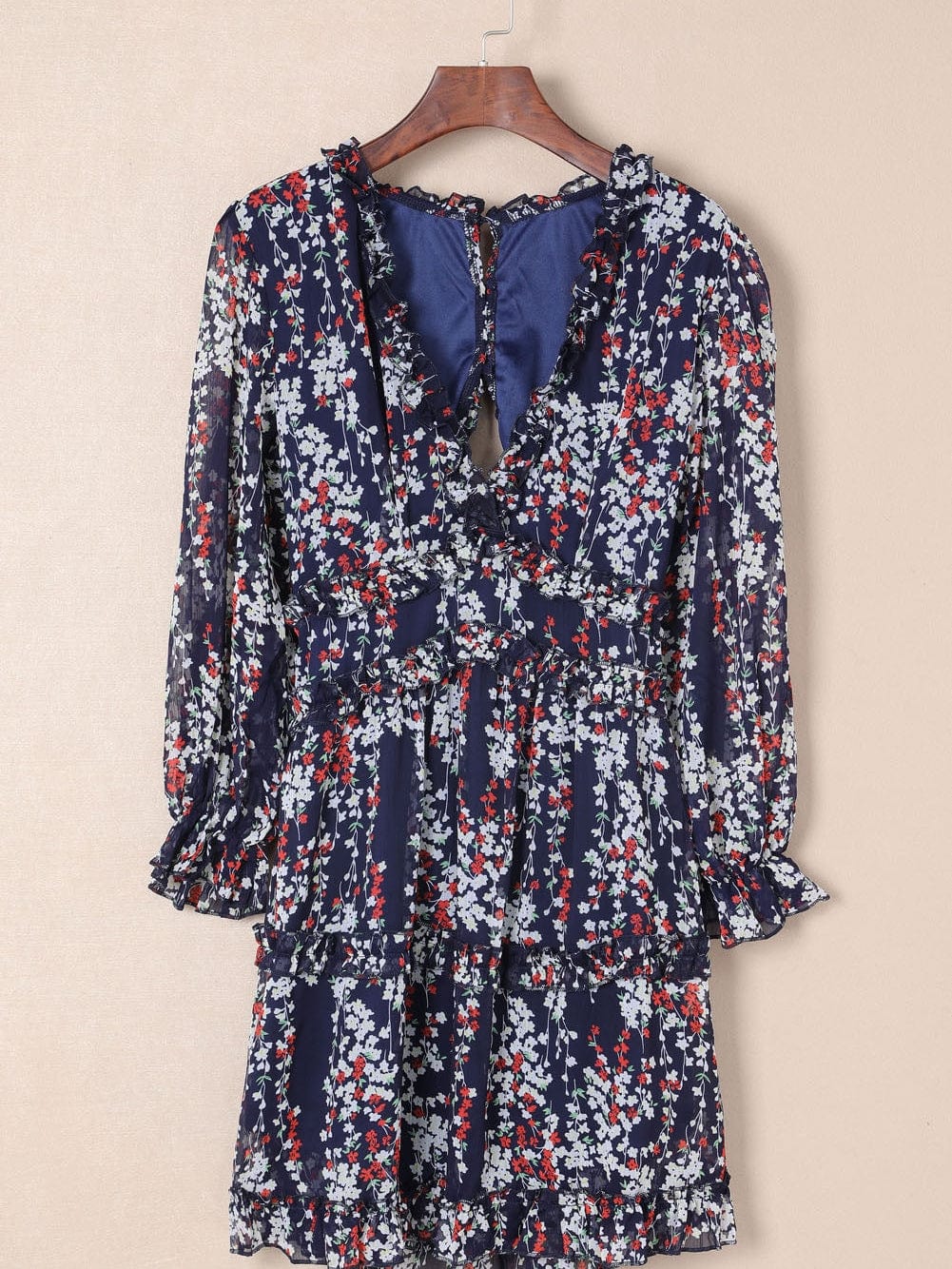 Blue Floral Print Open Back Boho Dress with Ruffle Detail