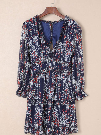 Blue Floral Print Open Back Boho Dress with Ruffle Detail